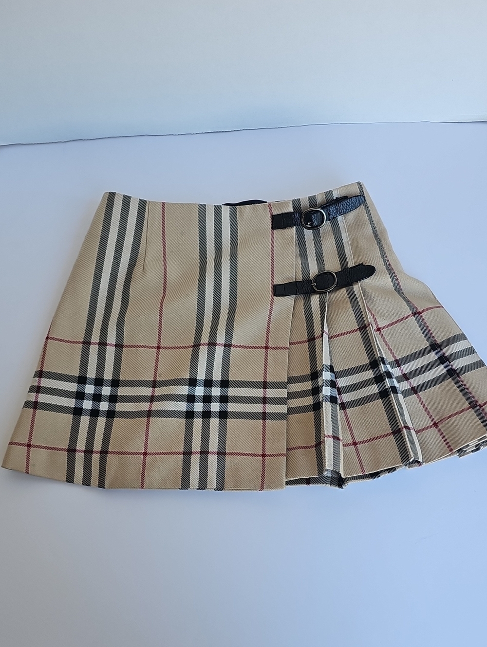 Burberry Vintage Nova Check Plated Kilt Skirt Size 6 Wool Blend Leather Buckles